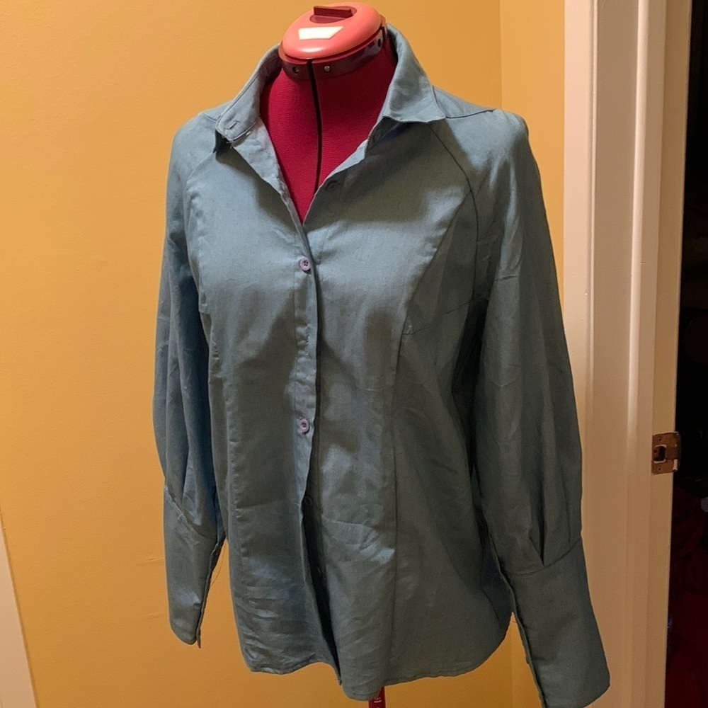 Young 17 Shirt Collar Long Sleeve Shift Faux Denim Blouse with French cuffs 🔴